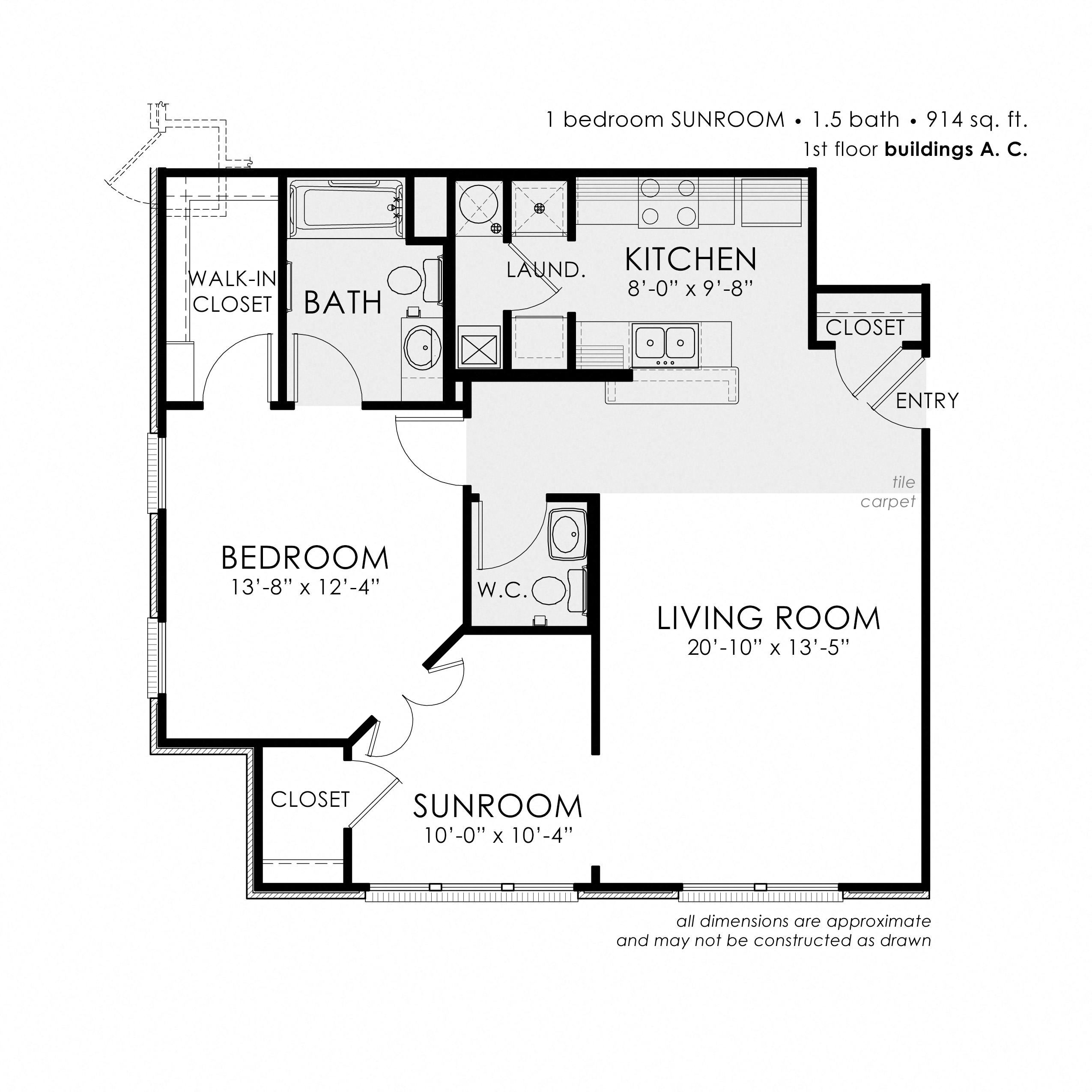 Floor plan for 1 bed, 1.5 baths, 914 sqft